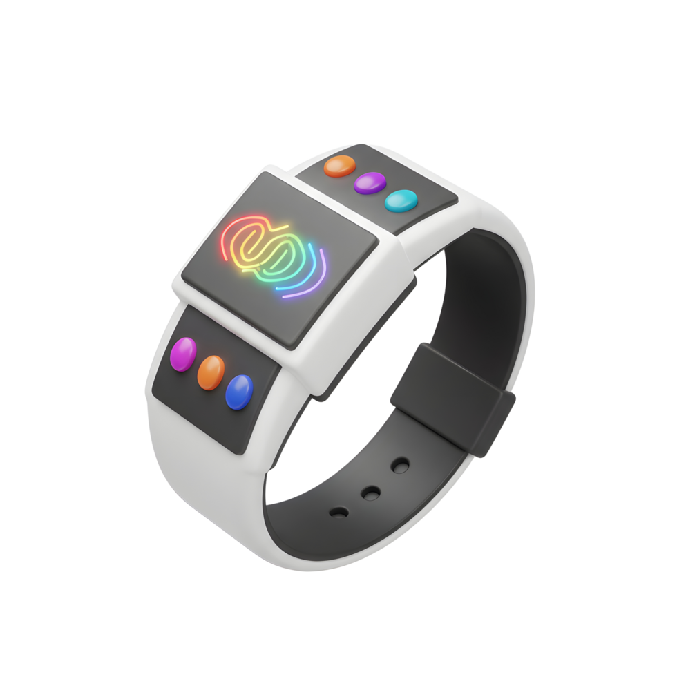 A smartwatch with a rainbow logo on the screen and colorful buttons is isolated on a white background for a futuristic or technological display. png