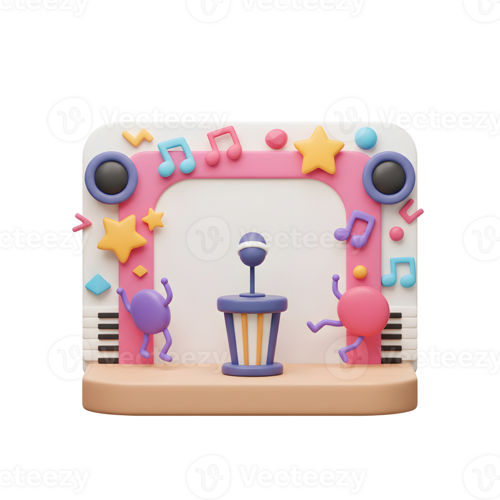 Cute cartoon stage featuring a microphone, musical notes, and dancing characters makes a cheerful and playful backdrop for children's entertainment. png