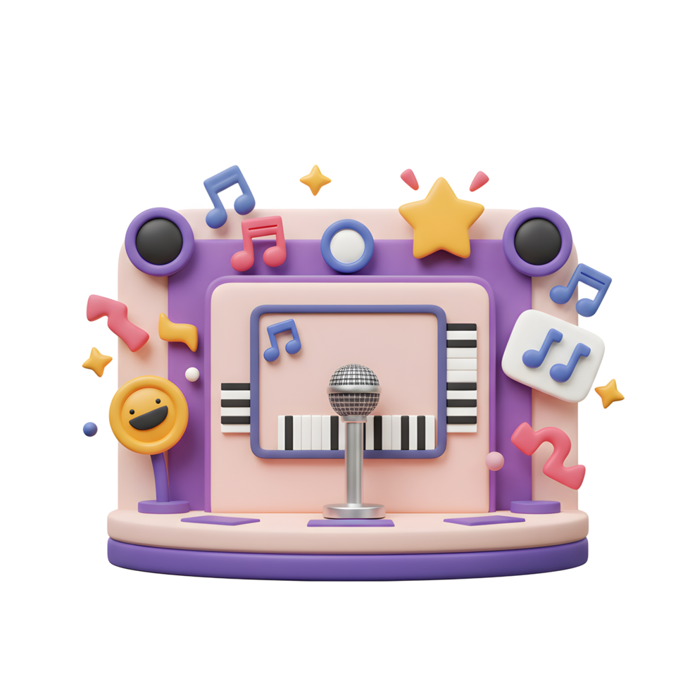 A cartoon stage with a microphone and music notes is displayed in a fun, playful style, perfect for children's entertainment or music-related content. png
