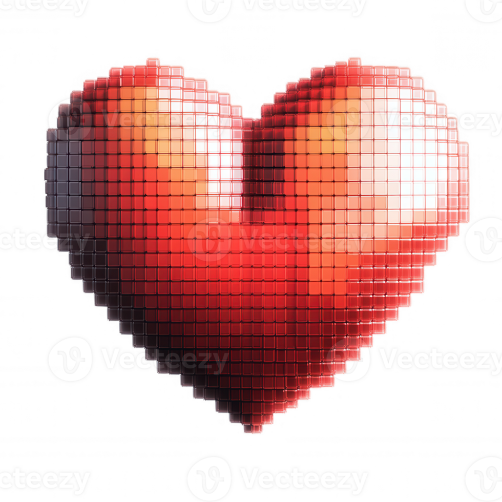 3d icon Digital red pixelated heart representing romantic connection, glowing against transparent background, symbolizing love modern and technology png