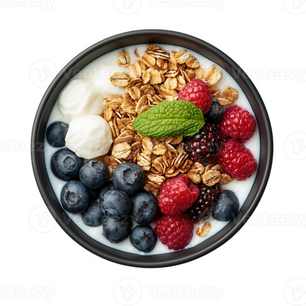 Healthy breakfast with isolated granola, almonds, blueberries and dried cherries served yogurt, wooden bowl, in on transparent background png