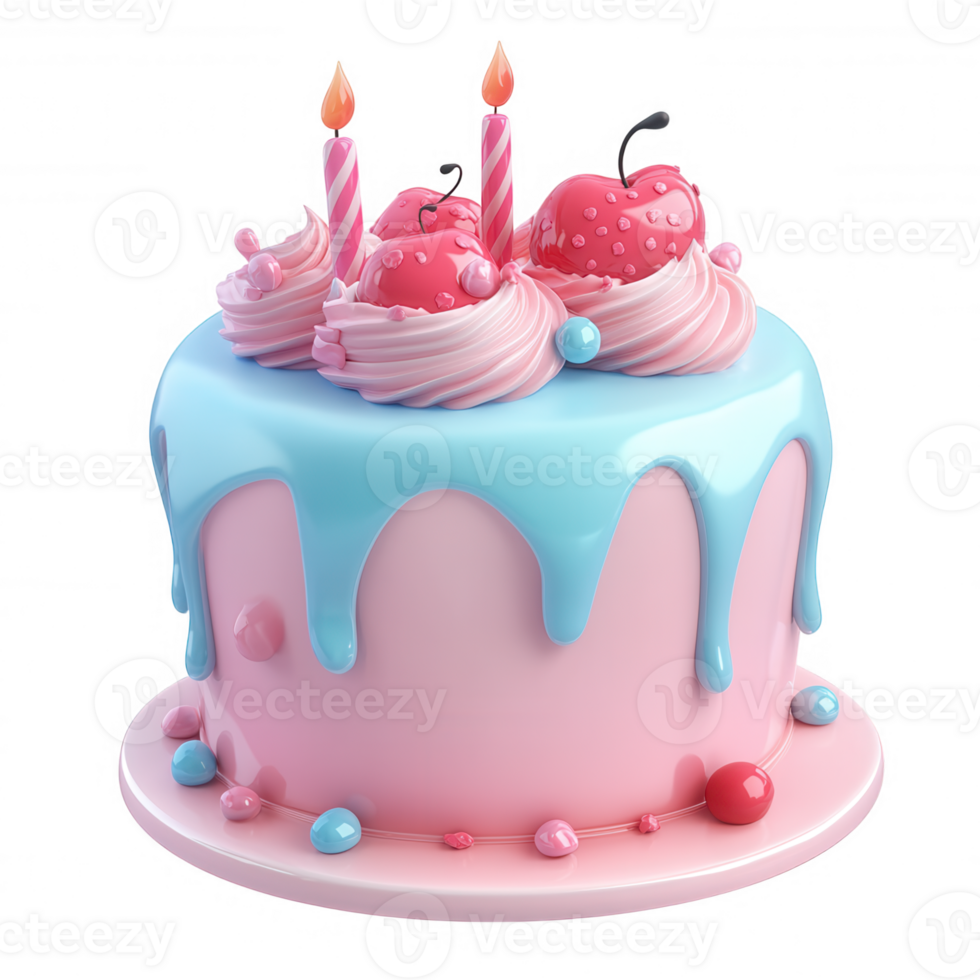 3d icon of a pink birthday cake with blue icing, lit candles, cherries, and colorful candies, isolated on transparent background png