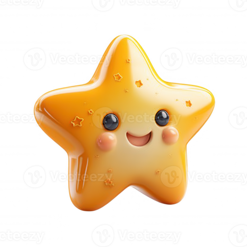 Cheerful, glossy, golden kawaii star 3d icon smiling brightly on a transparent background, radiating playful and joy energy png