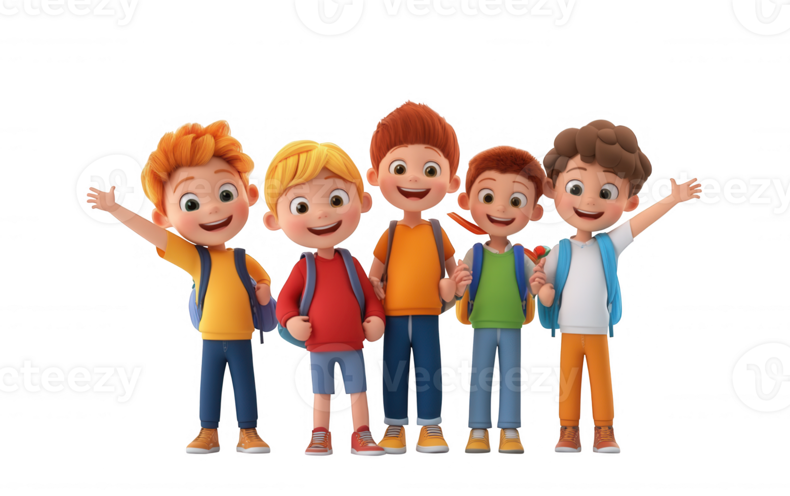 3d icon Cheerful elementary students wearing backpacks, smiling and waving, standing together against clean minimalist background png