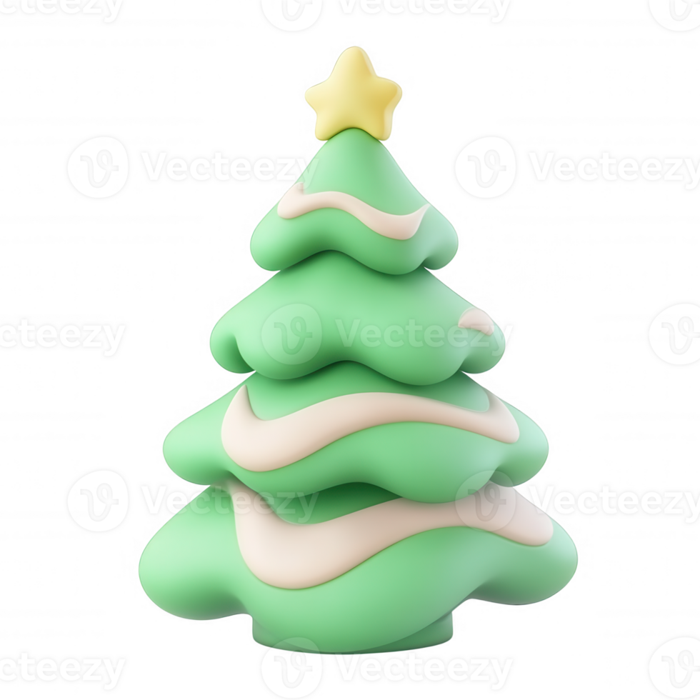 Stylized 3d christmas tree icon featuring yellow star, white snowflake details, popping against transparent background png