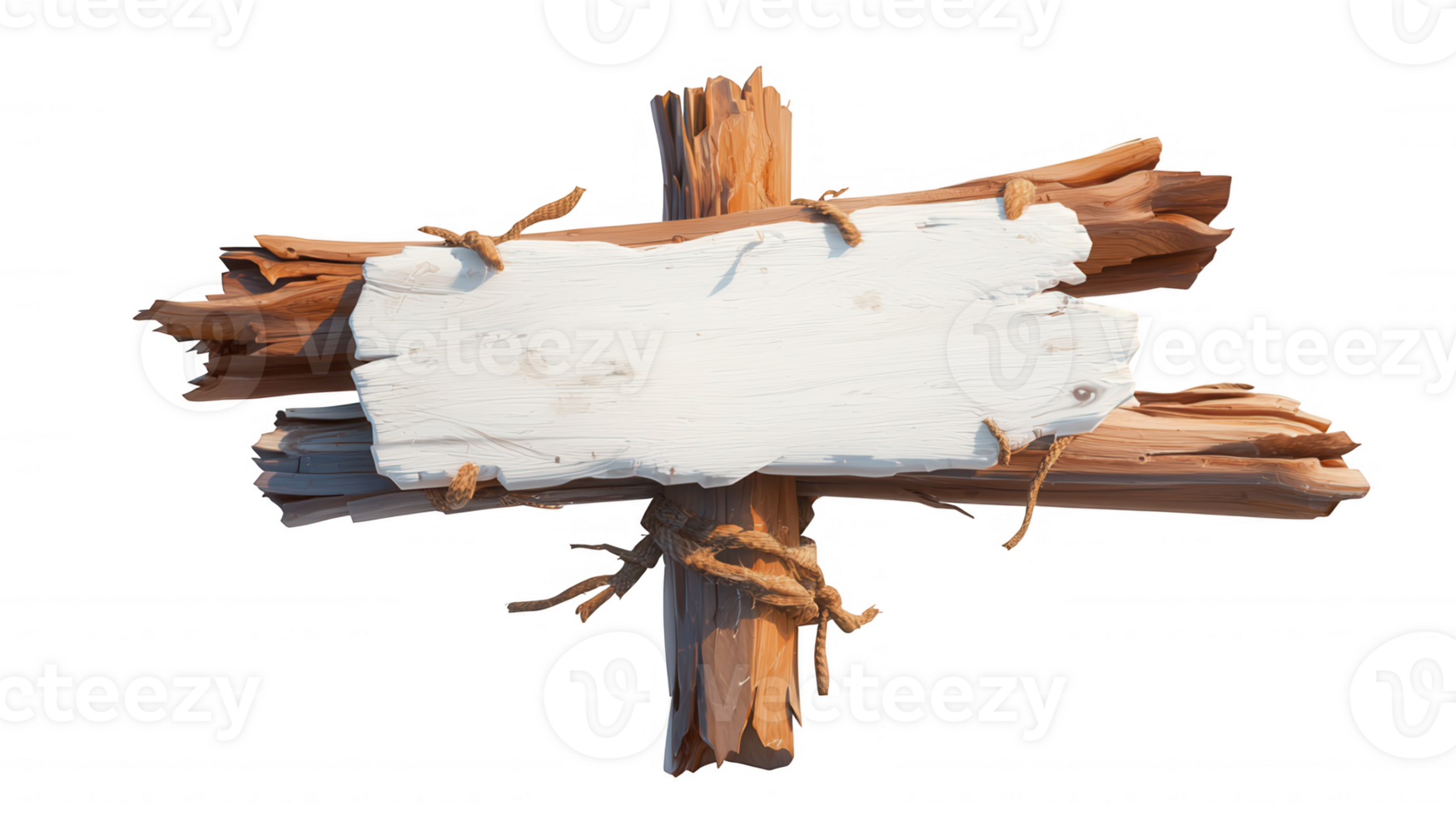 White painted plank tied with rope to wooden background creating a blank sign, isolated on transparent crosspieces png