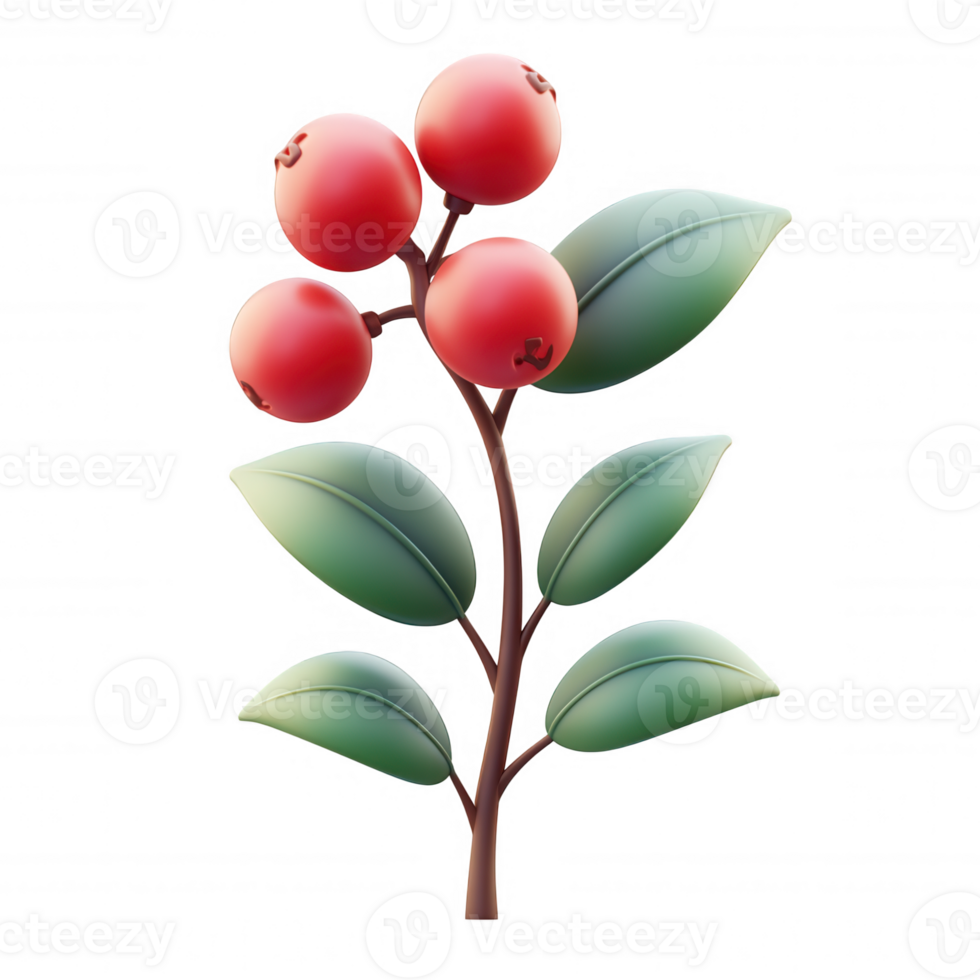 Glossy 3d icon on of plant with ripe red berries and green leaves, isolated coffee transparent background, perfect for agriculture or food industry projects png