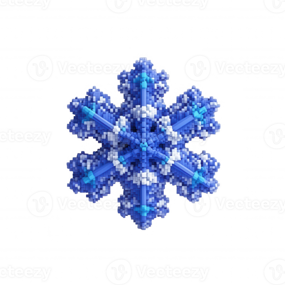 3d icon Pixelated snowflake rotating gracefully against a transparent background, enhancing winter themed projects with a touch of digital artistry png