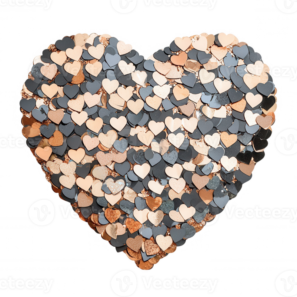day gold, black and silver small hearts forming a bigger heart on a transparent background, perfect for valentine's Rose projects png