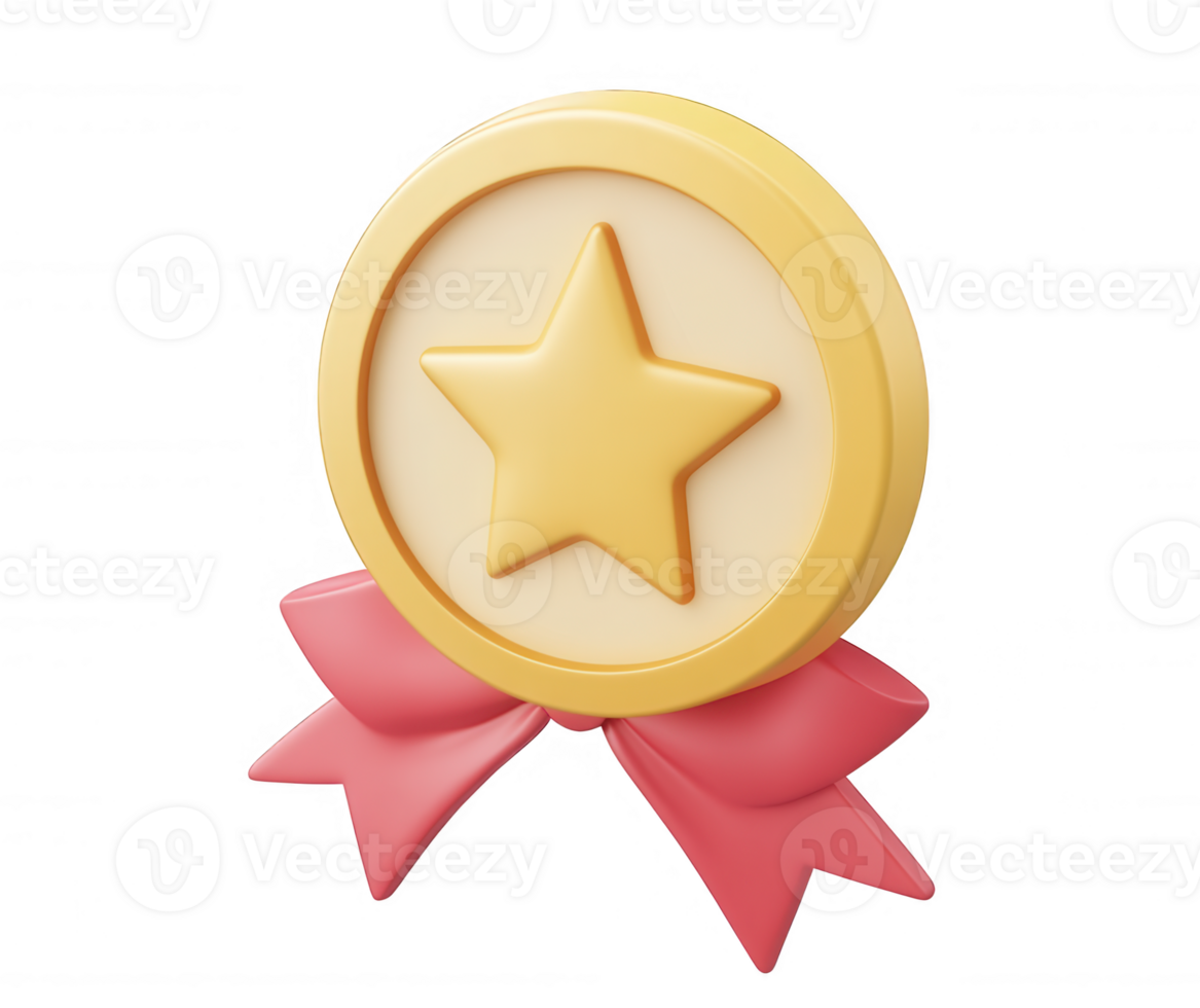3d icon golden medal with embossed star and pink ribbon represents achievement, quality, and success, isolated on transparent background png