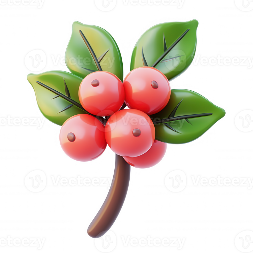 Glossy 3d icon of coffee plant with ripe red berries and green leaves, isolated on transparent background, perfect for agriculture or food industry projects png