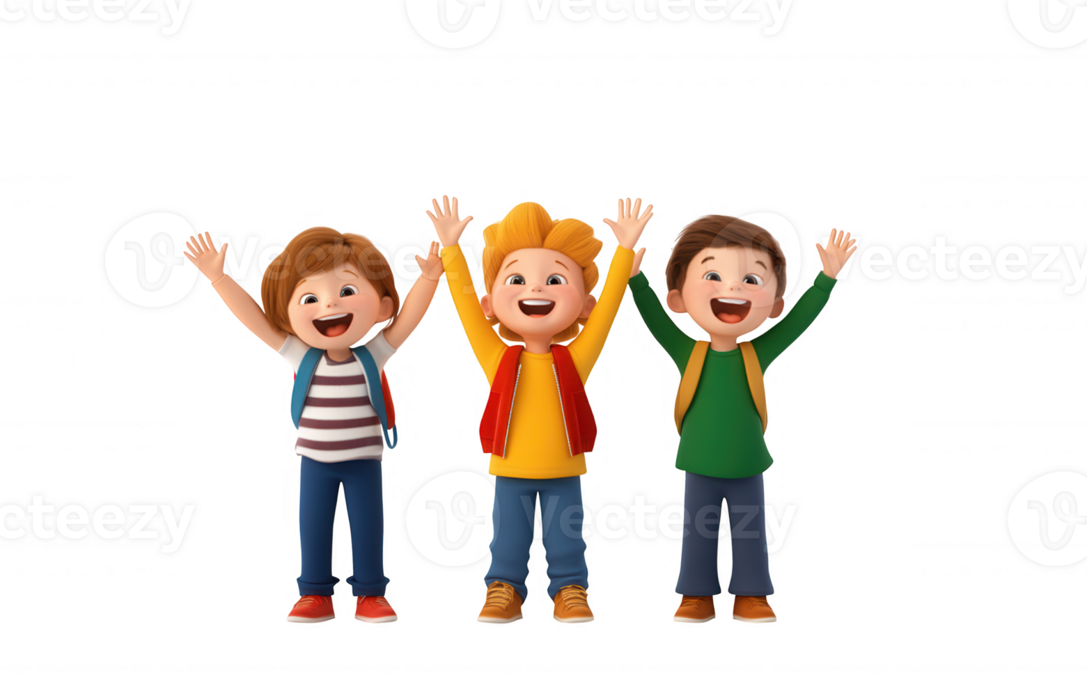 3d icon Cheerful elementary students wearing backpacks, smiling and clean standing together against waving, minimalist background png