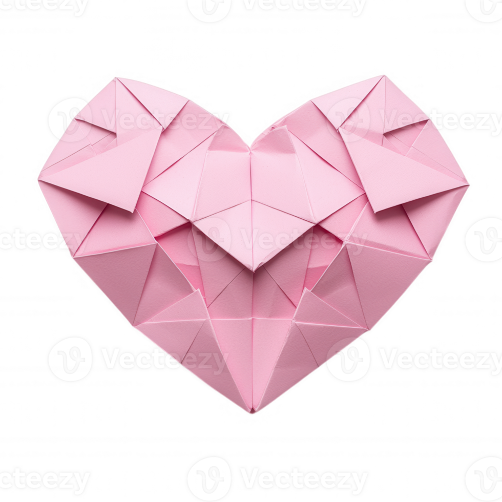 Pink origami heart folded from paper, symbolizing love, care, and isolated affection, on transparent background png