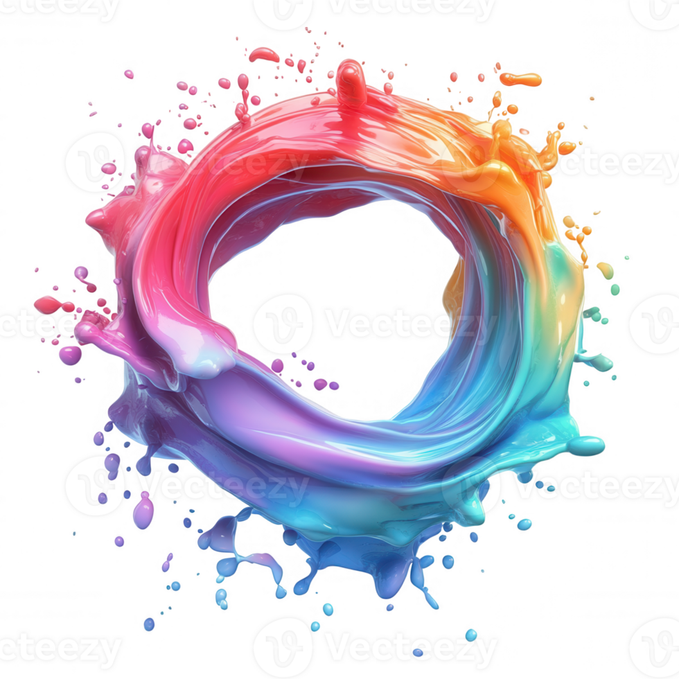3d transparent Vibrant, multicolored liquid forming a dynamic circular shape icon splashes, ideal for creative projects on with background png