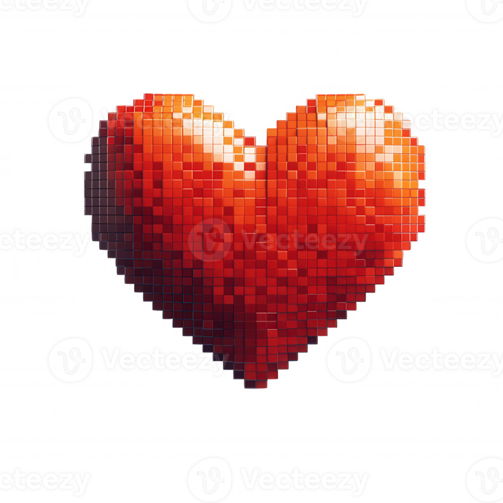3d icon Digital red pixelated heart representing romantic connection, glowing against transparent background, symbolizing modern love and technology png