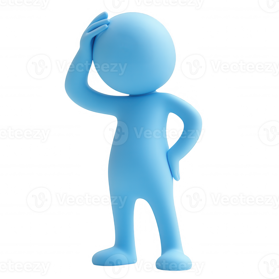 Light blue 3d icon character scratching its head with a on expression, thoughtful a transparent background png