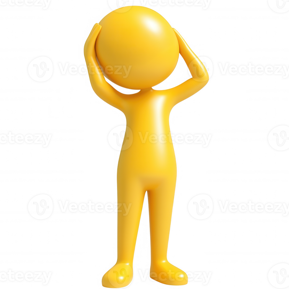 Yellow 3d icon character a its head, expressing frustration and worry, isolated on holding transparent background png