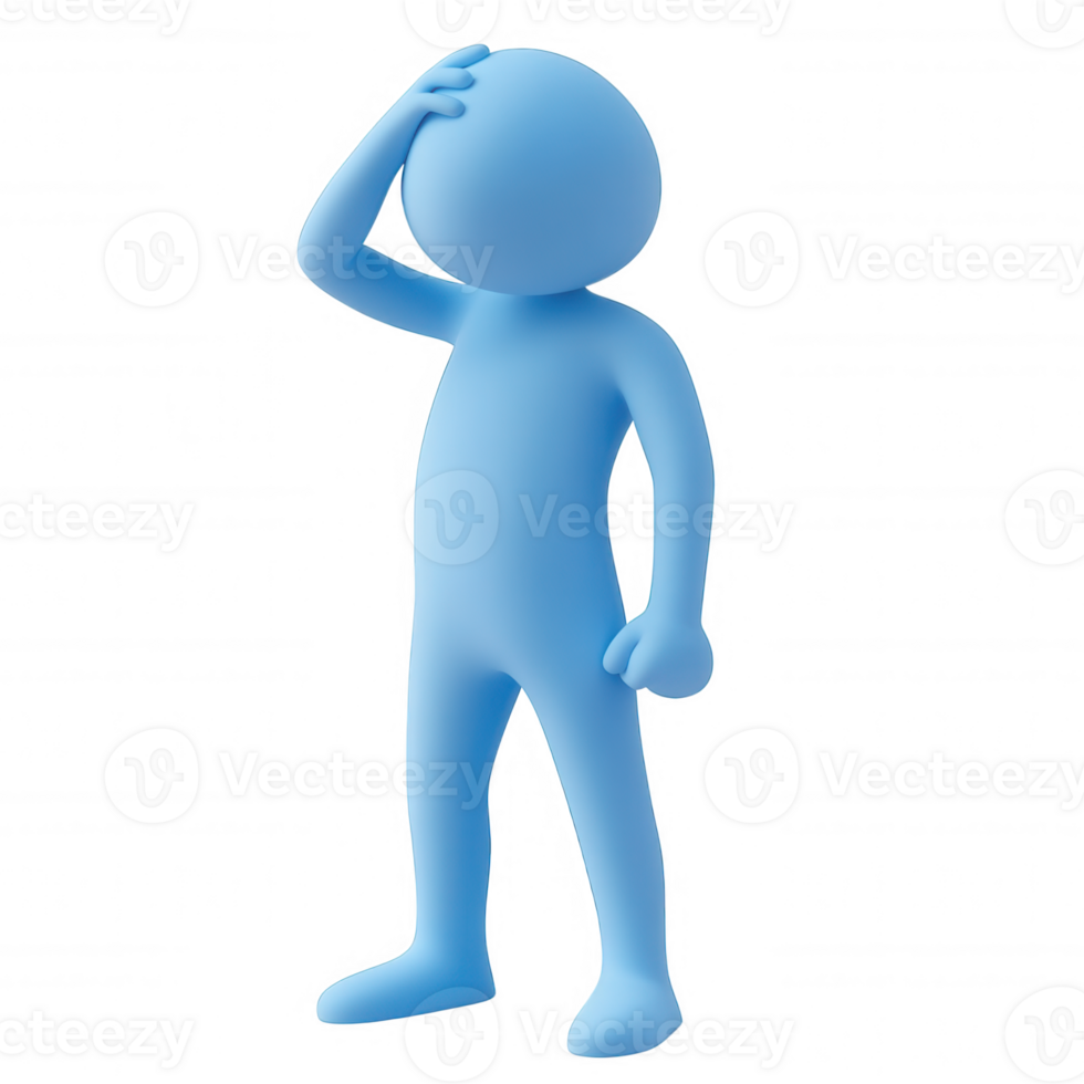 Light blue 3d icon character scratching its head with a a expression, on transparent thoughtful background png