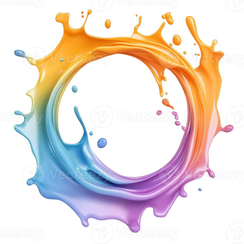 3d icon Vibrant, multicolored liquid forming a dynamic circular shape with splashes, ideal creative projects on transparent background png