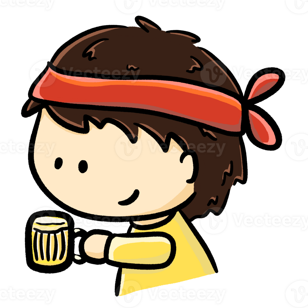 Cartoon boy with headband holds out cup color illustration png