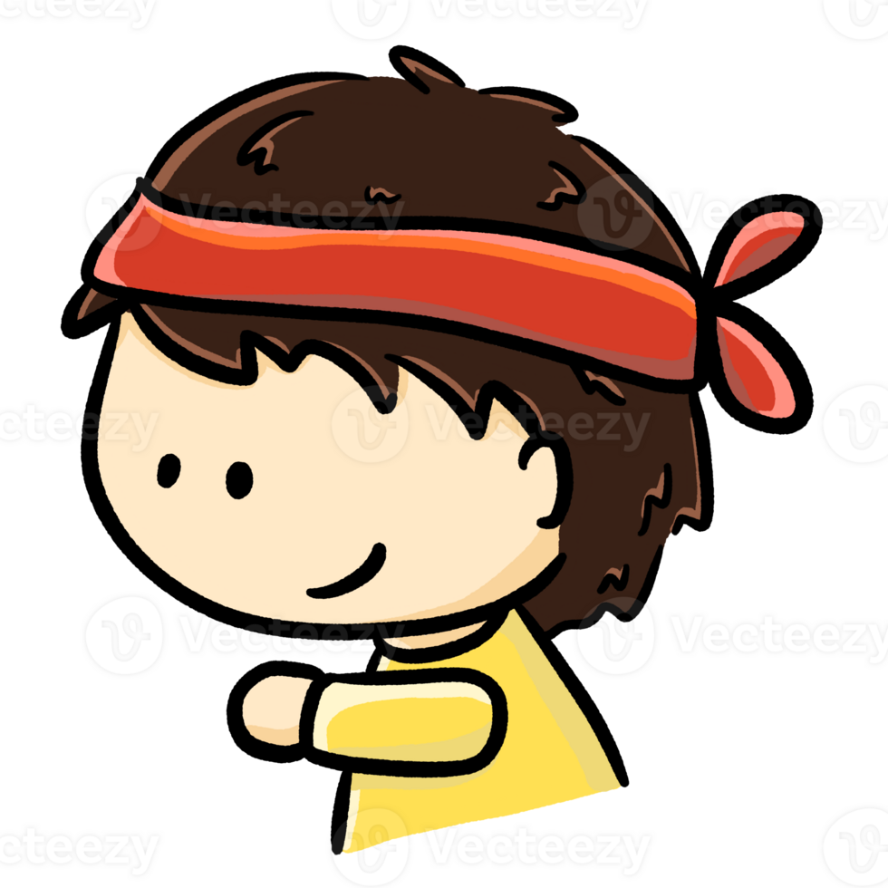 Boy with headband stretches out hand color cartoon illustration png
