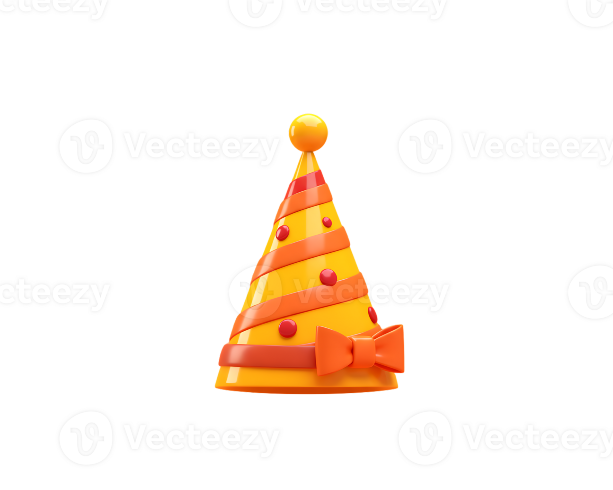 Festive party hat adorned with stripes, bow, and spherical accents isolated png