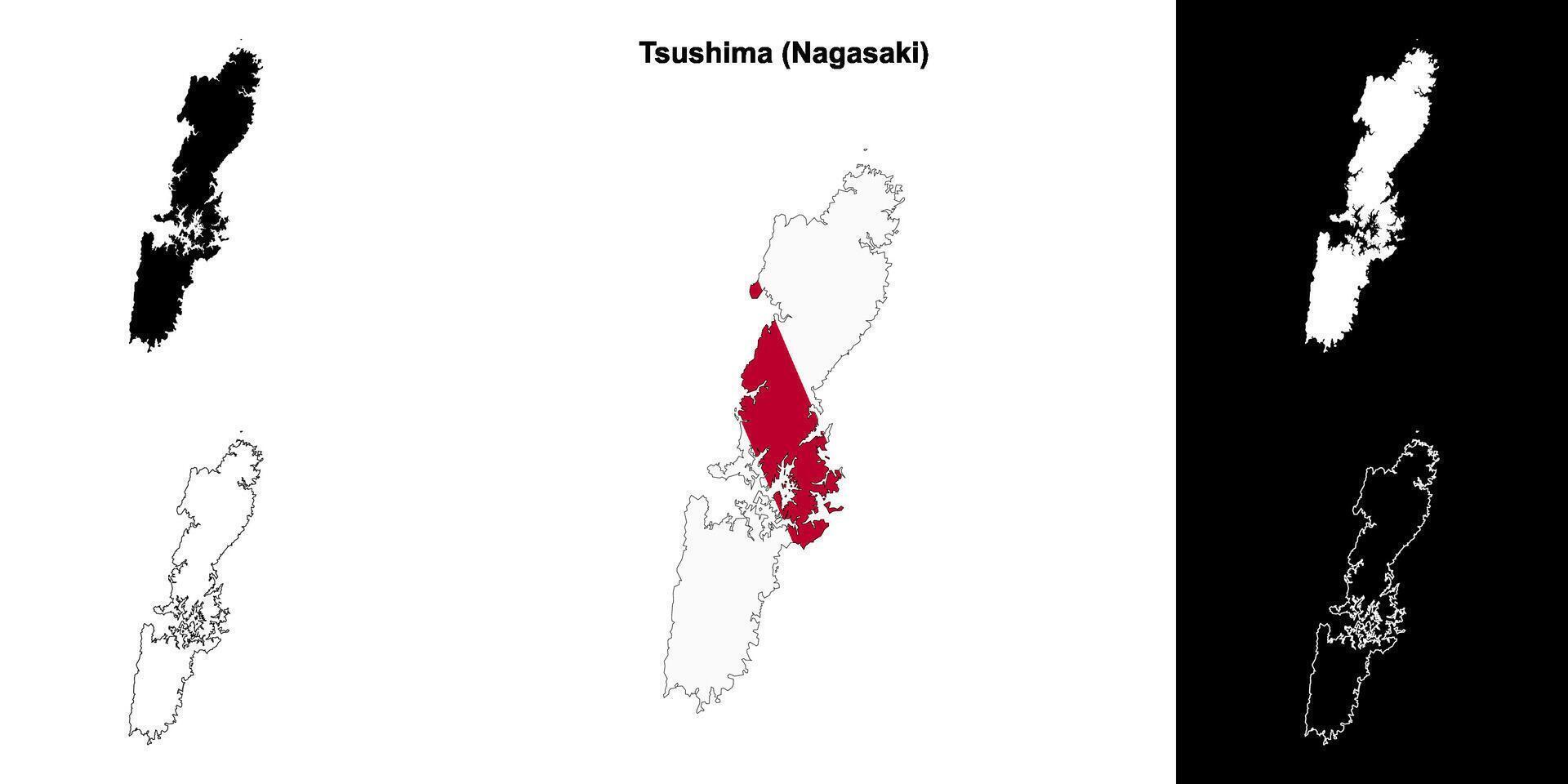 Tsushima, Nagasaki outline map set vector