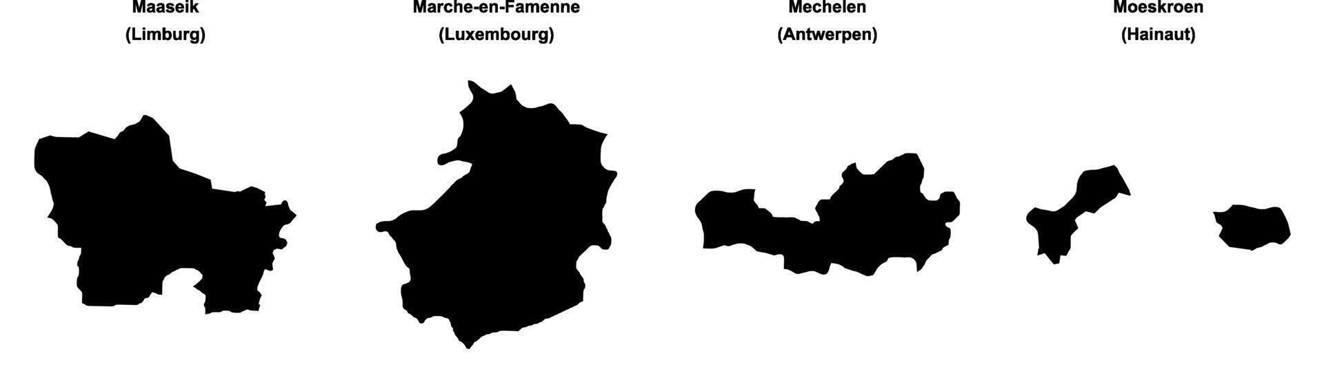 Maaseik, Marche en Famenne, Mechelen, Moeskroen outline maps vector
