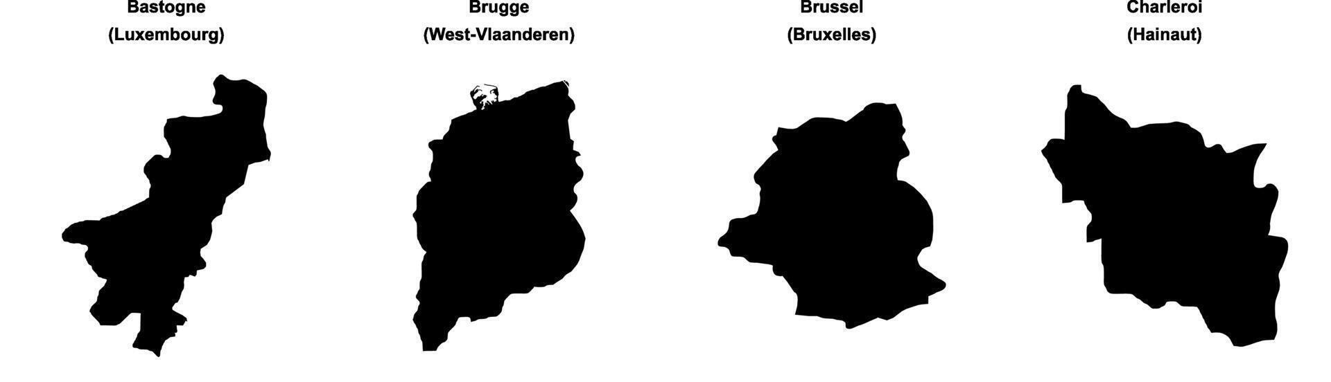 Bastogne, Brugge, Brussel, Charleroi outline maps vector