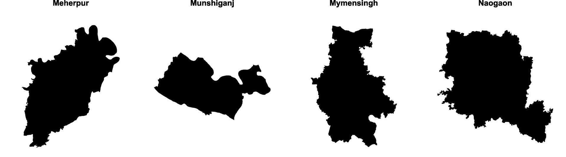 Meherpur, Munshiganj, Mymensingh, Naogaon outline maps vector