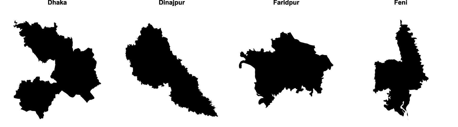 Dhaka, Dinajpur, Faridpur, Feni outline maps vector