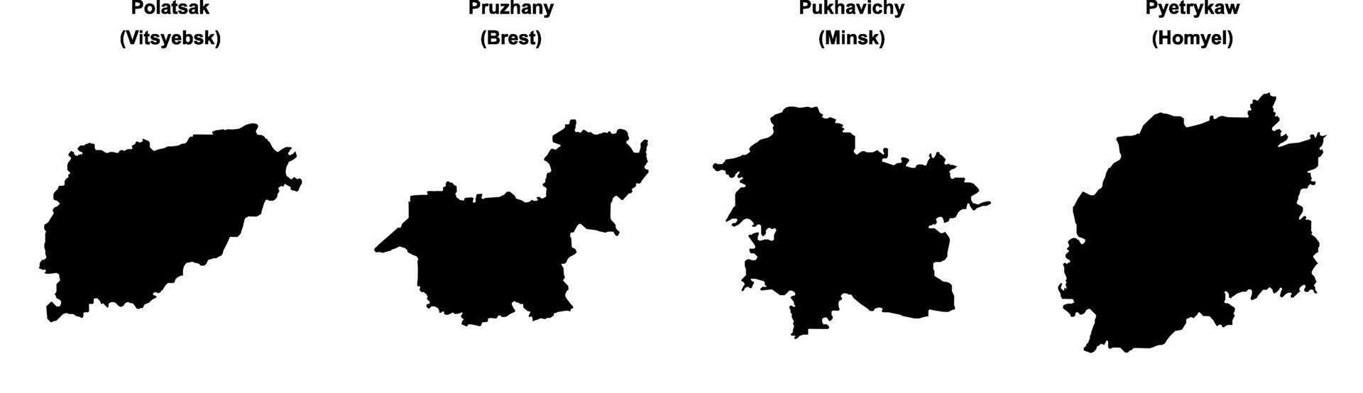 Polatsak, Pruzhany, Pukhavichy, Pyetrykaw outline maps vector
