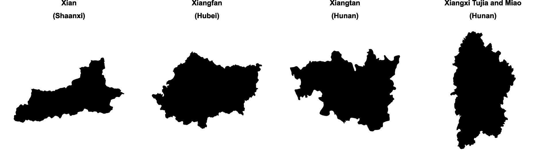 Xian, Xiangfan, Xiangtan, Xiangxi Tujia and Miao outline maps vector