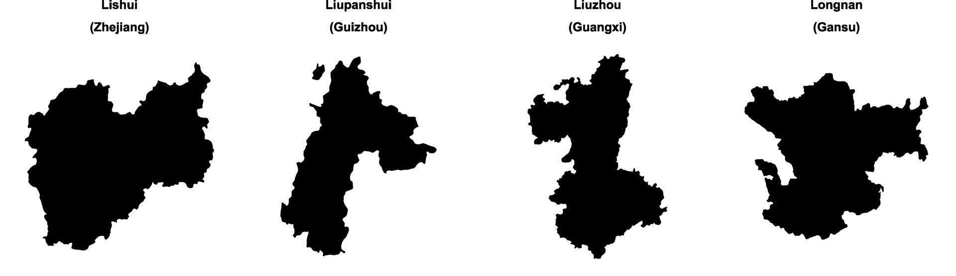Lishui, Liupanshui, Liuzhou, Longnan outline maps vector
