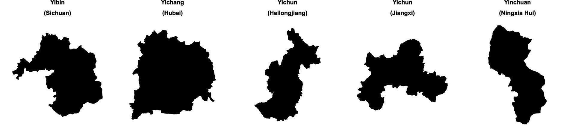 Yibin, Yichang, Yichun - Heilongjiang, Yichun - Jiangxi, Yinchuan outline maps vector