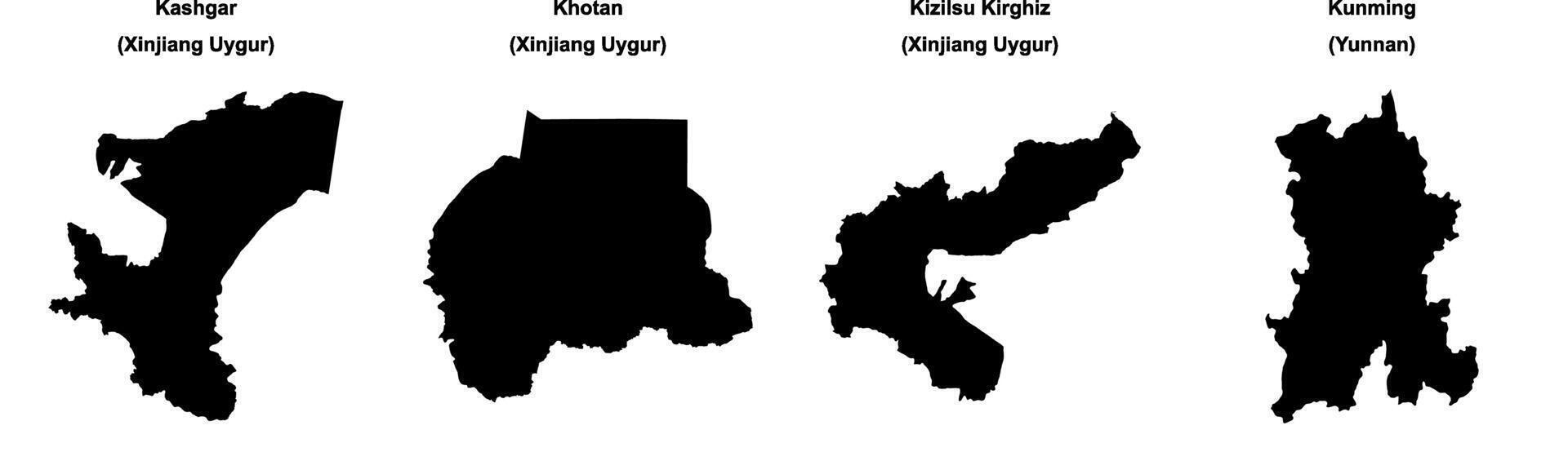 Kashgar, Khotan, Kizilsu Kirghiz, Kunming outline maps vector
