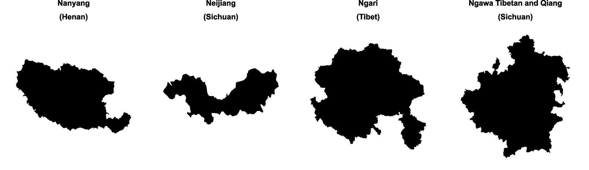 Nanyang, Neijiang, Ngari, Ngawa Tibetan and Qiang outline maps vector