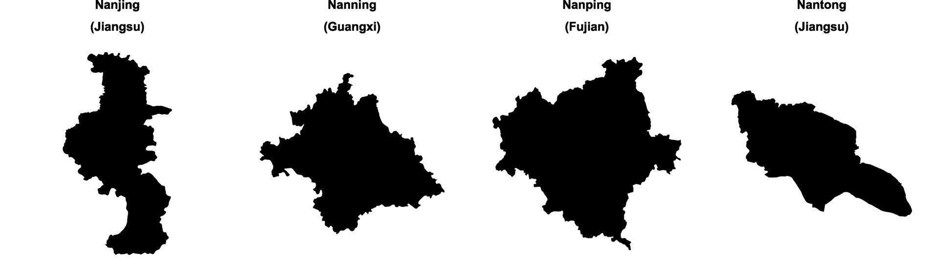 Nanjing, Nanning, Nanping, Nantong outline maps vector
