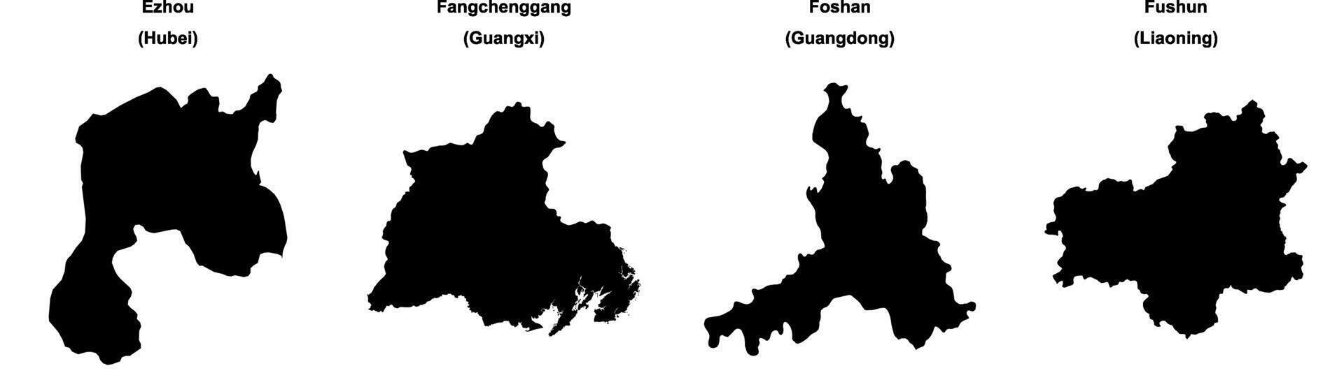 Ezhou, Fangchenggang, Foshan, Fushun outline maps vector