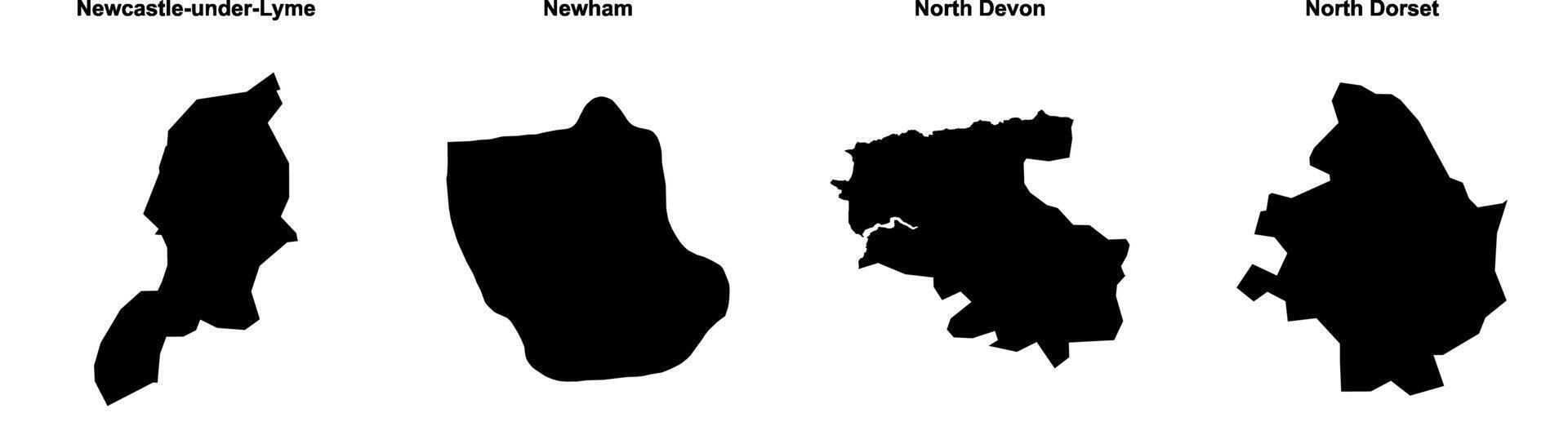 Newcastle under Lyme, Newham, North Devon, North Dorset outline maps vector