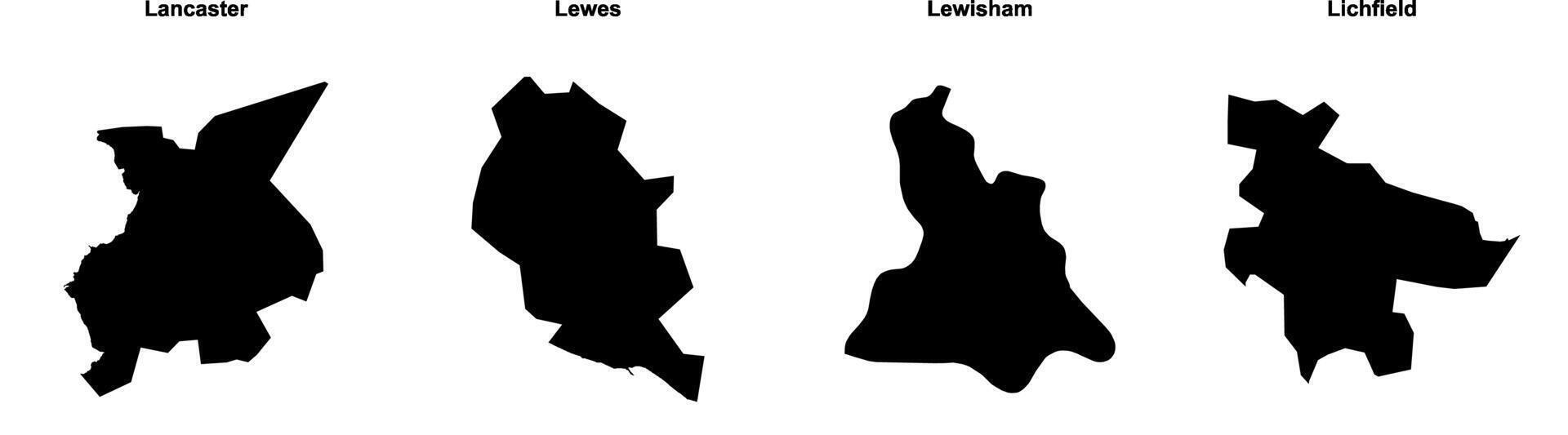 Lancaster, Lewes, Lewisham, Lichfield outline maps vector