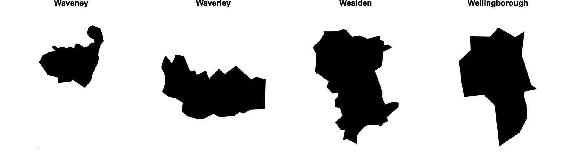 Waveney, Waverley, Wealden, Wellingborough outline maps vector