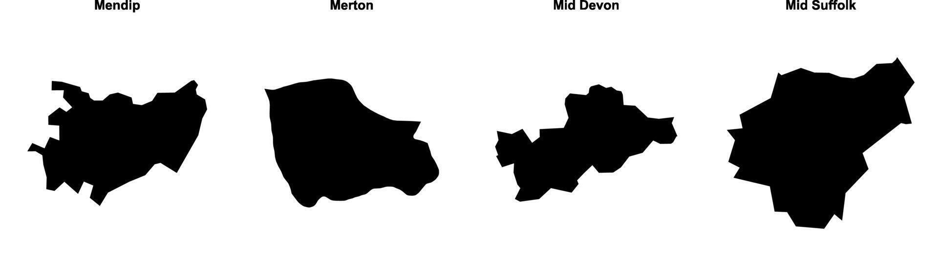 Mendip, Merton, Mid Devon, Mid Suffolk outline maps vector