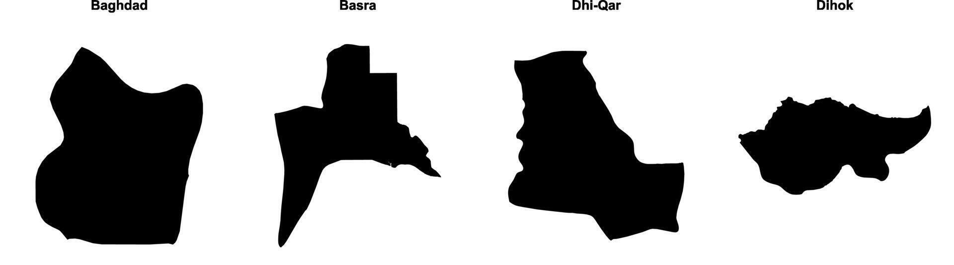 Baghdad, Basra, Dhi Qar, Dihok outline maps vector
