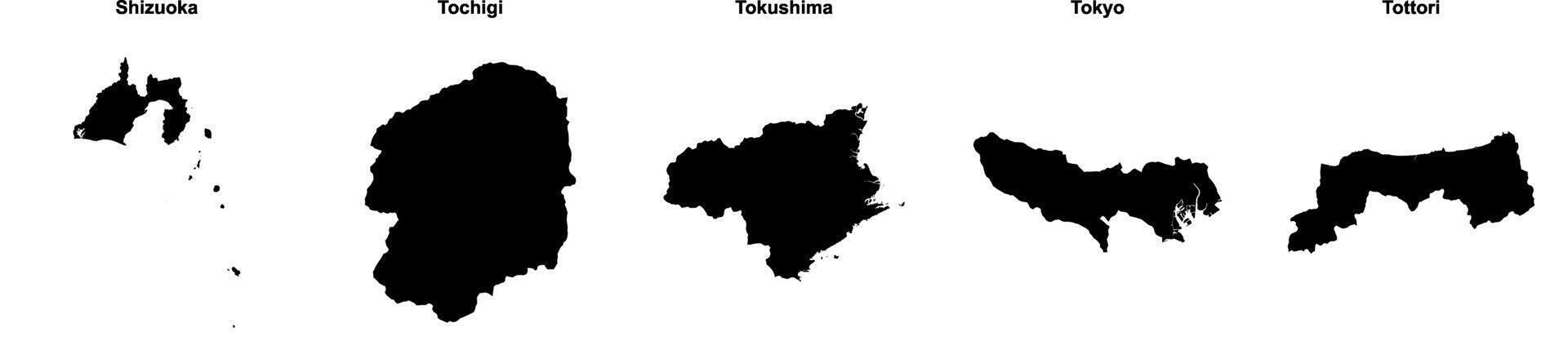 Shizuoka, Tochigi, Tokushima, Tokyo, Tottori outline maps vector
