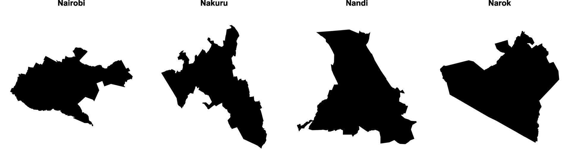 Nairobi, Nakuru, Nandi, Narok outline maps vector
