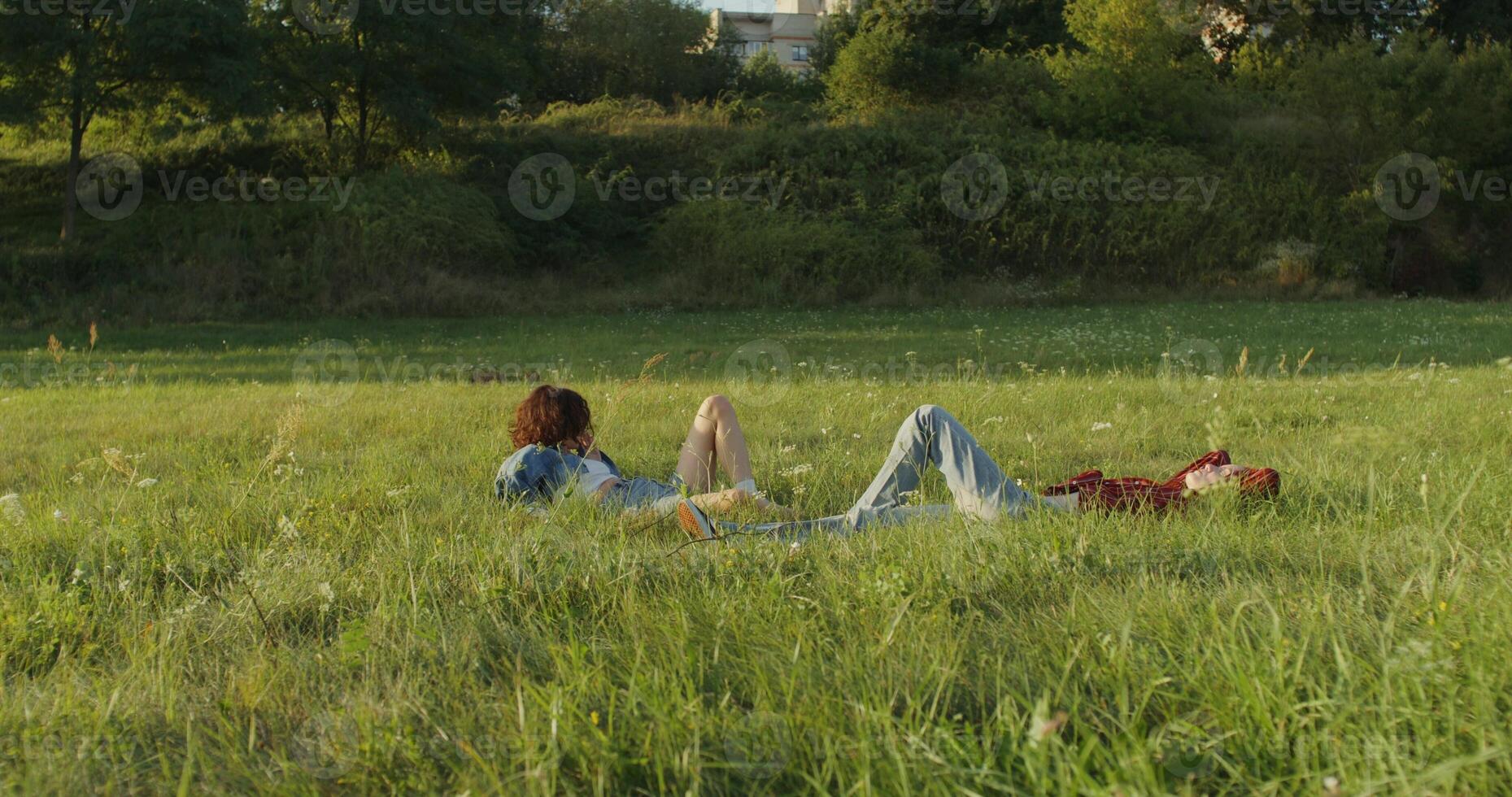 Two young women are talking lying in a meadow on a sunny summer day photo