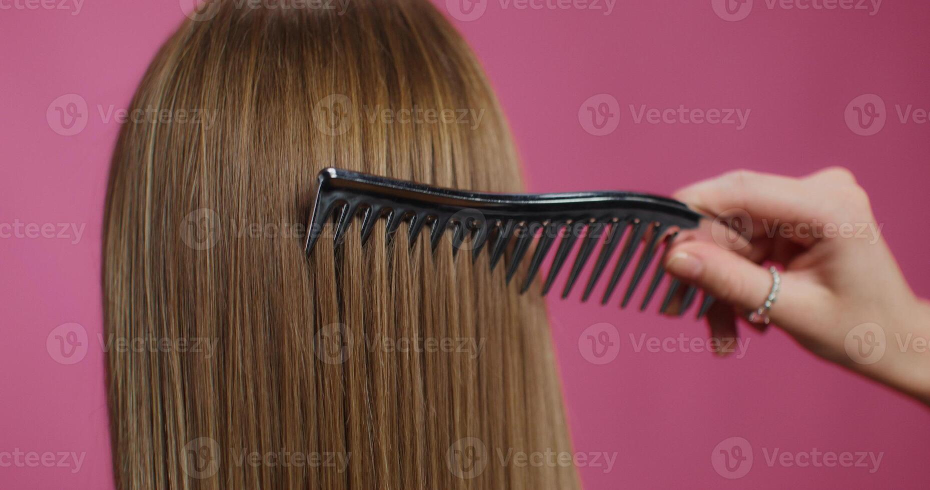 A hairdresser combs a woman's hair. Close-up of the hair, rear view. Studio photo