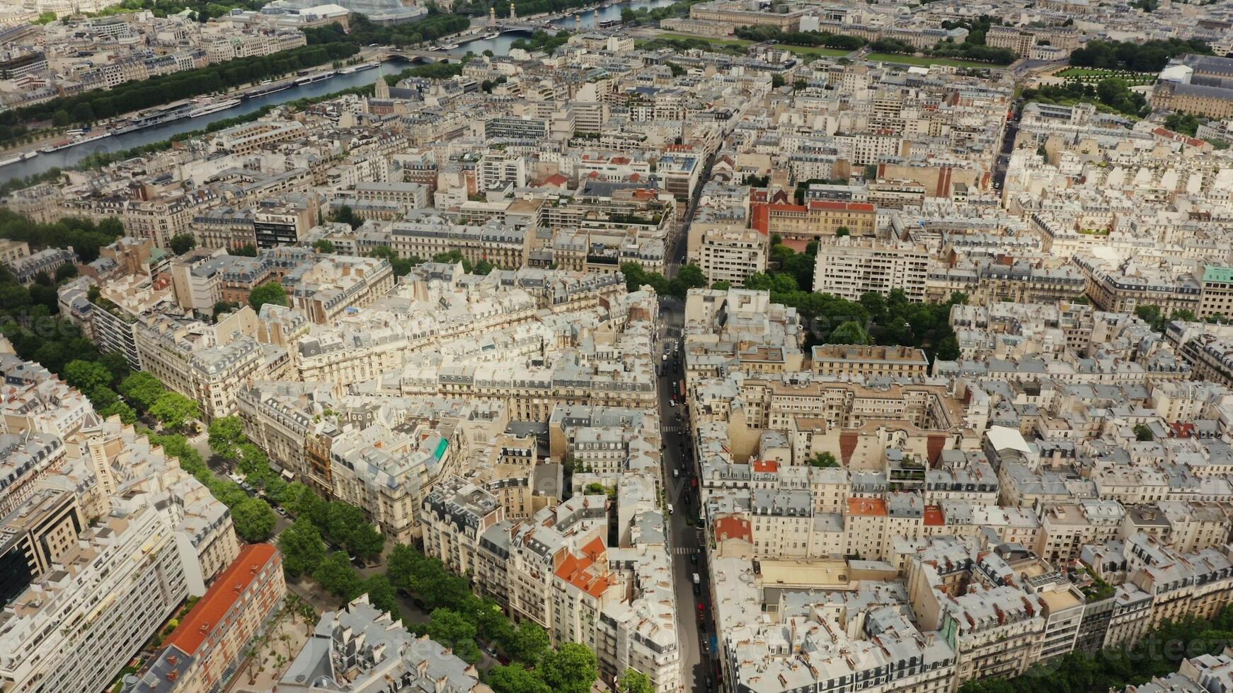 Top view of traditional and modern houses in the historic center of Paris. Residential quarters of the city from a bird's eye view. France, Paris, drone photo