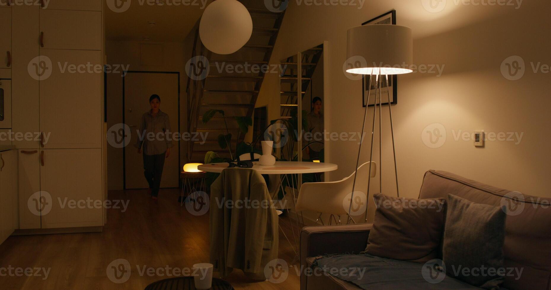 The woman sits down on the sofa, opens her laptop and starts typing. Evening lighting of the apartment photo
